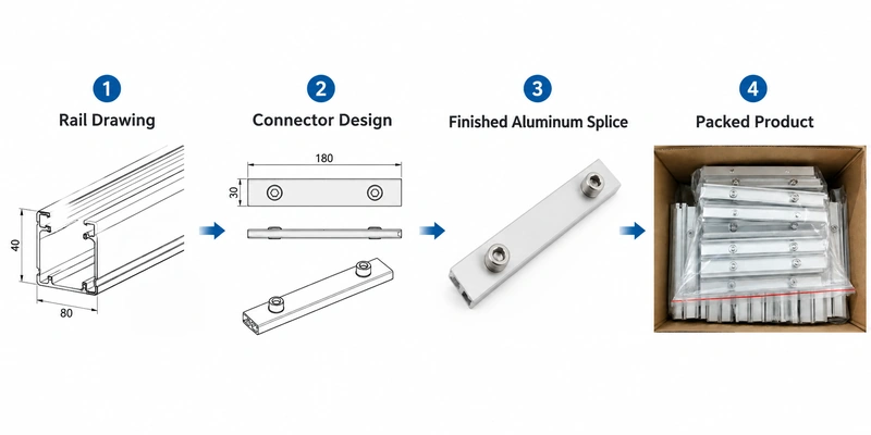 OEM solar rail splice workflow from rail drawing and connector design to finished aluminum splice and packed product